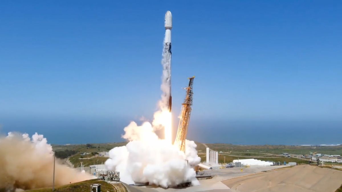 A SpaceX Falcon 9 rocket launches two satellites on a record 20th flight