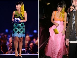 Lily Allen wore three colourful dresses to the Brit Awards 2014.