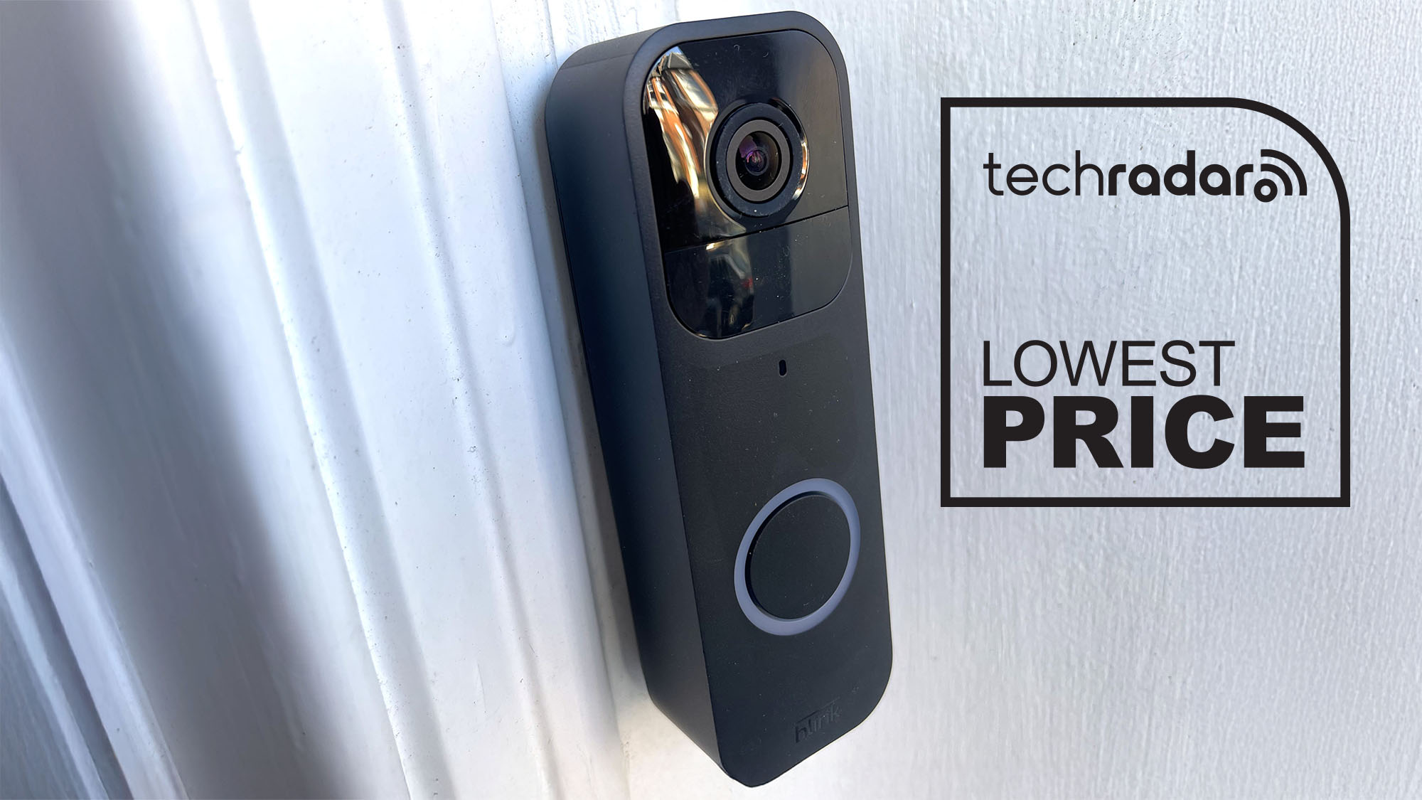 Blink Video Doorbell mounted on a wall with a TechRadar Lowest Price banner
