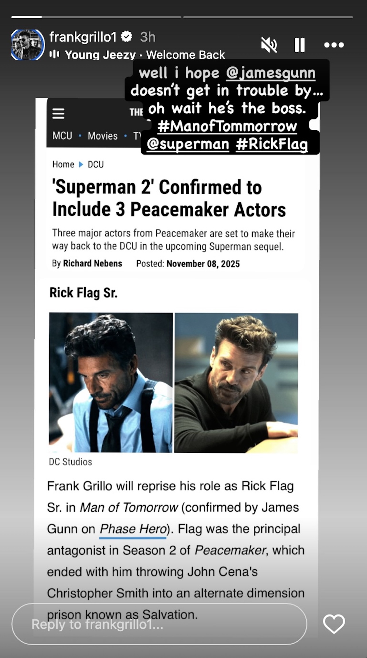 Frank Grillo&#039;s Instagram Story of him commenting on an article with confirmation he&#039;s reprising Rick Flag Sr. in Man of Tomorrow