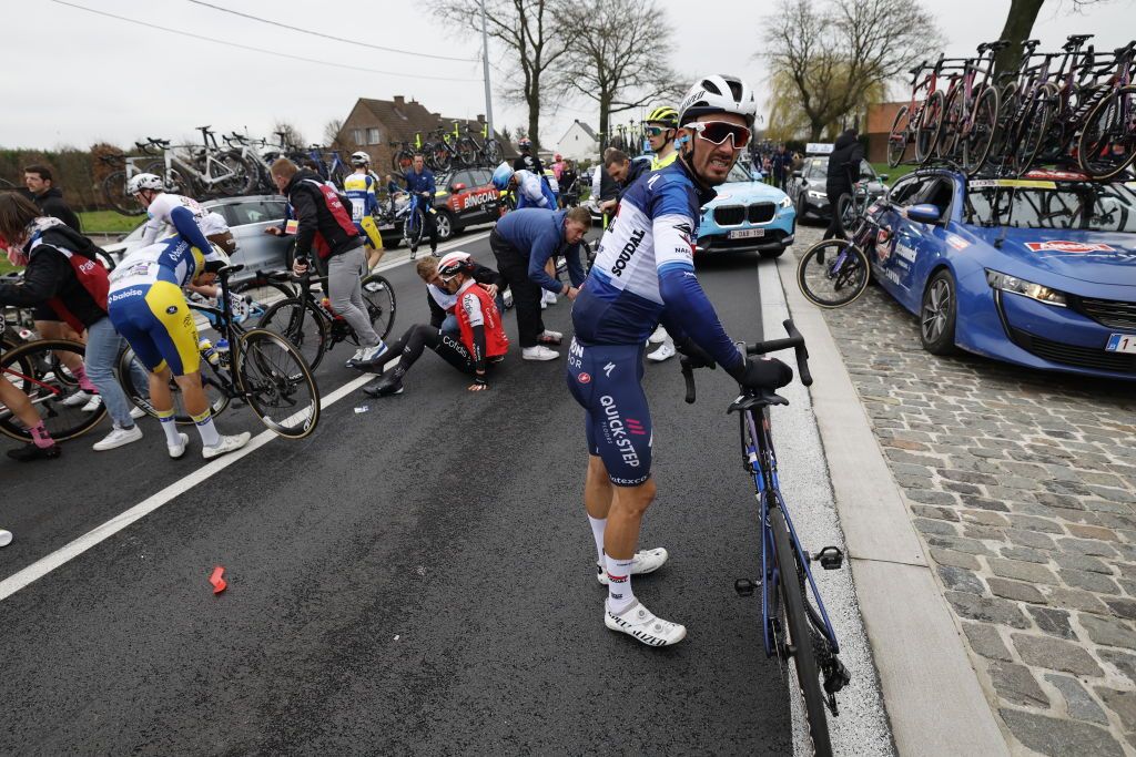 Julian Alaphilippe after crashing at the Tour of Flanders