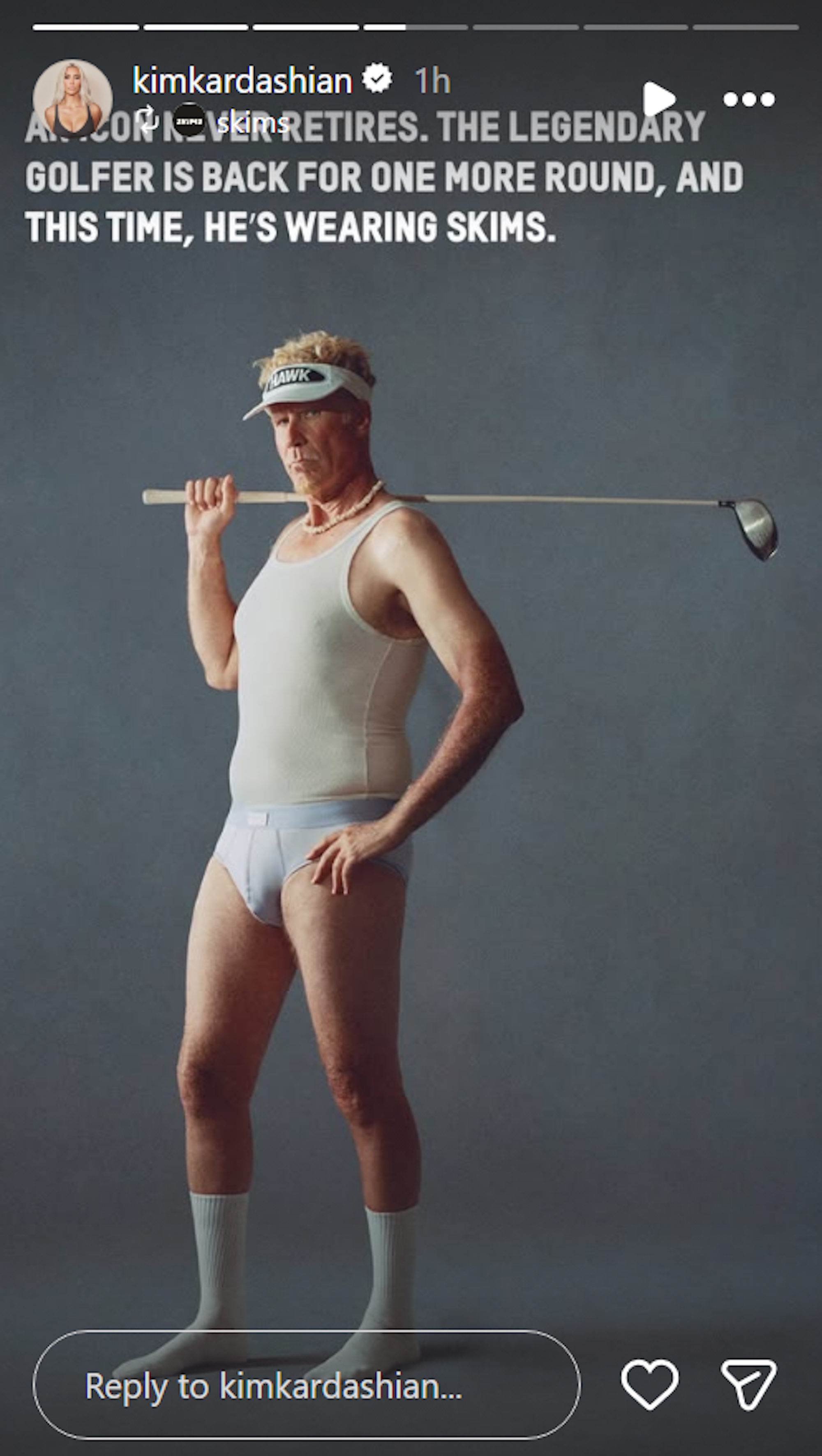 Will Ferrell models SKIMS tighty whities on Kim Kardashian's Instagram.