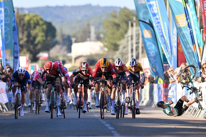 Sprint at finish line on stage 2 at 2025 Étoile de Bessèges-Tour du Gard, with Marc Brustenga (Equipo Kern Pharma) on far right crashing due to blown tyre