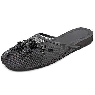 Cammie Women's Floral Beaded Mesh Black Chinese Slippers 7 B(m) Us