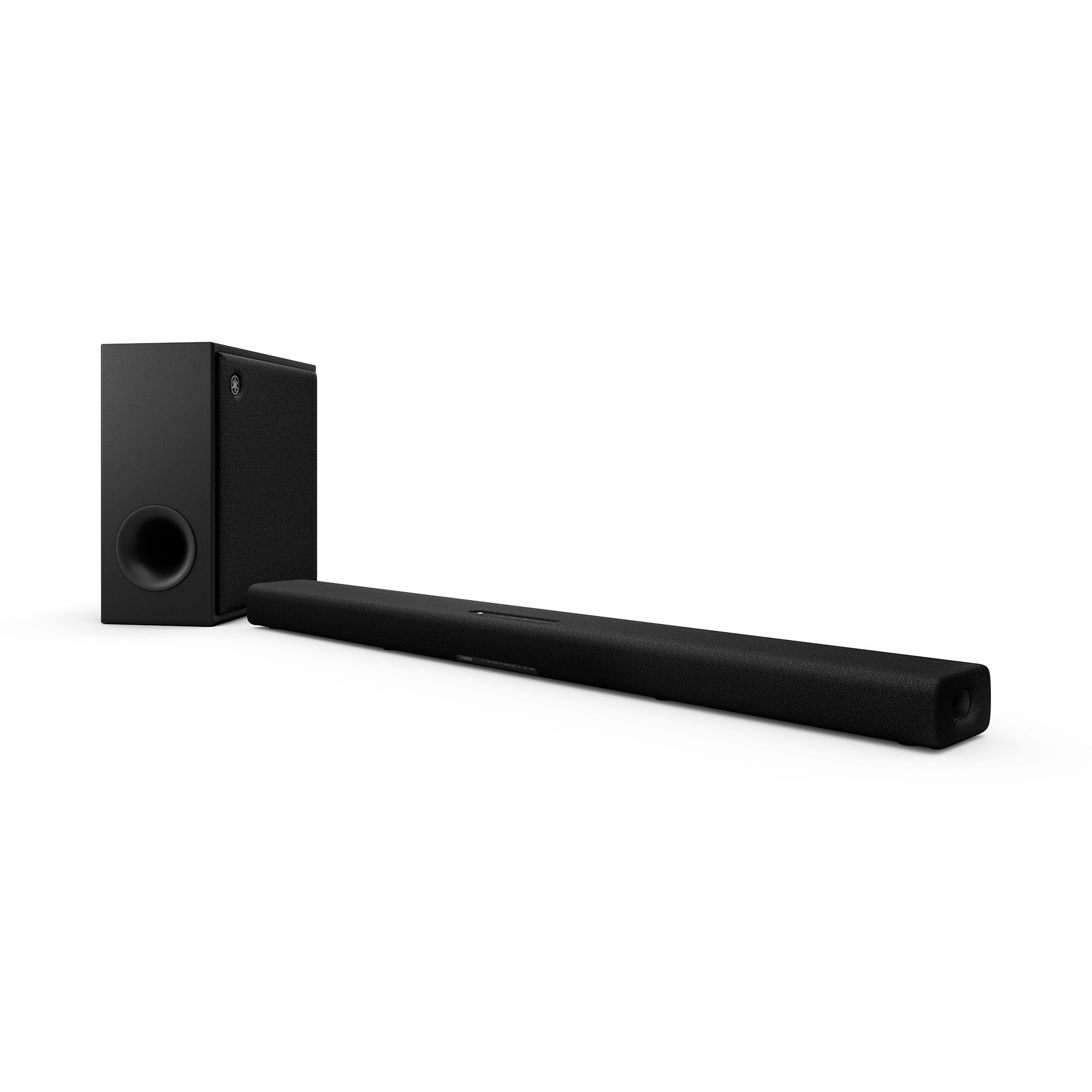 Yamaha True X Bar 50A soundbar and subwoofer against white background.