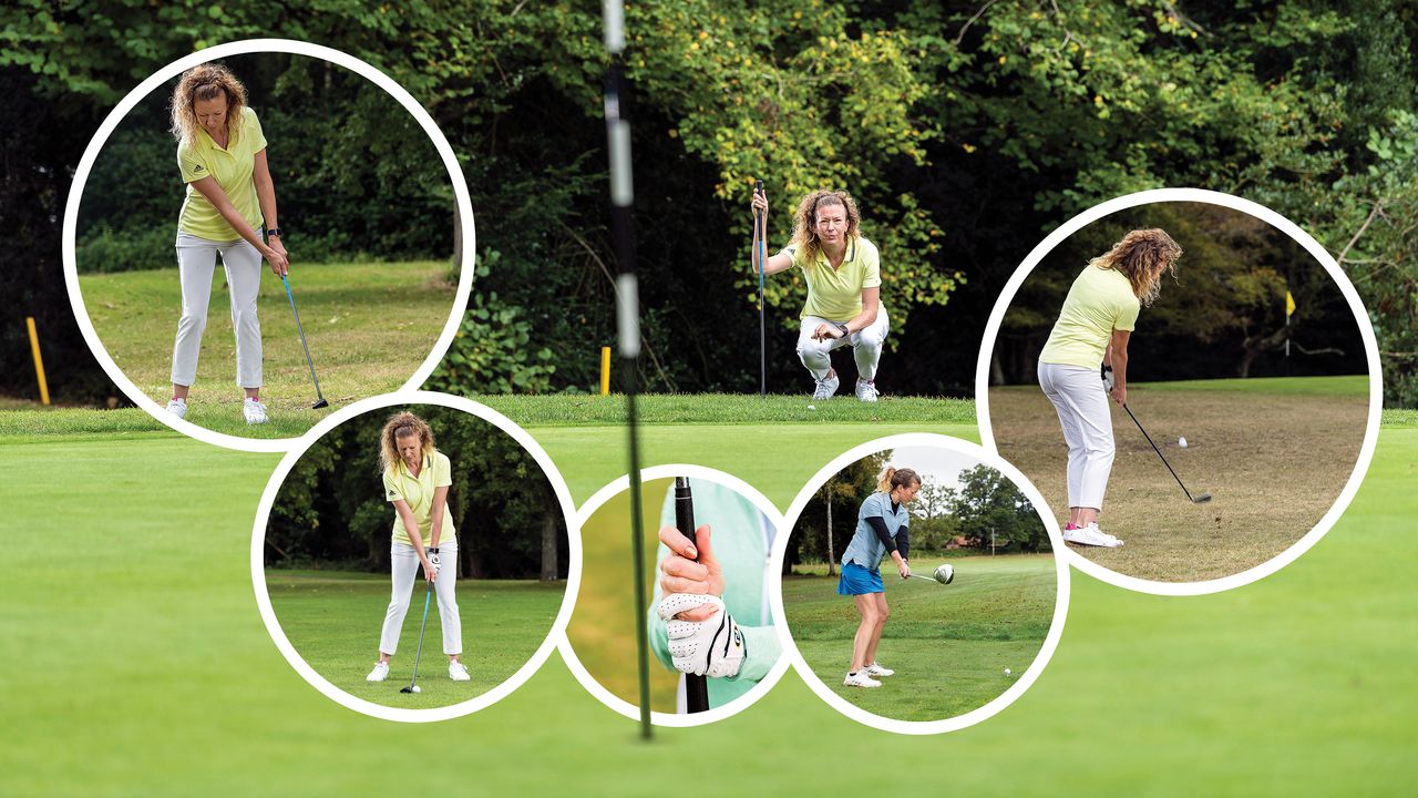 Katie Dawkins demonstrating the five shots every amateur should practice in 2026, with five images detailing each shot and main image of Katie Dawkins reading the green from behind the flag 