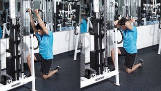 Man demonstrates two positions of the kneeling overhead cable curl