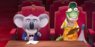 Buster Moon (Matthew McConaughey) and Miss Crawly (Garth Jennings) in Sing