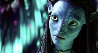 Still from "'Avatar" showing one of the film's blue-skinned Na'vi aliens.
