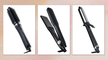 Collage of best ghd deals (L-R) ghd Rise, ghd Max Wide, Soft Curl Wand, on a pink watercolour background