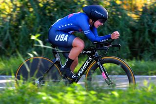 BRUGES BELGIUM SEPTEMBER 21 Makayla Macpherson of The United States sprints during the 94th UCI Road World Championships 2021 Women Junior ITT a 193km Individual Time Trial race from KnokkeHeist to Bruges flanders2021 ITT on September 21 2021 in Bruges Belgium Photo by Luc ClaessenGetty Images