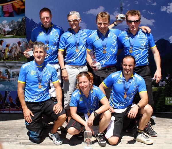 All the European Masters downhill champions pose for a group shot