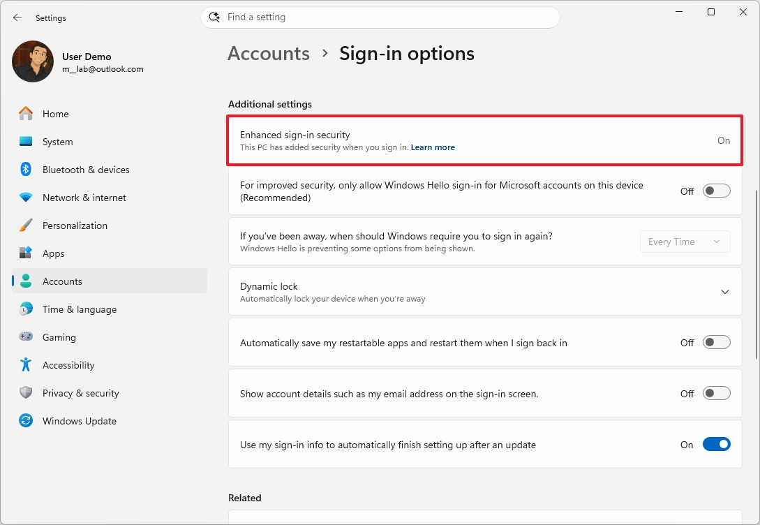 Windows 11 Settings on the Sign-in options page highlighting the Windows Hello Enhanced Sign-in Security (ESS) option.