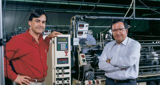 Brothers Jim (left) and John Jr in 1980 with the company’s state-of-the-art string winding machine