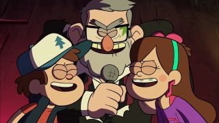 (L to R) Dipper, Stan, and Mabel singing into a microphone in an episode of Gravity Falls