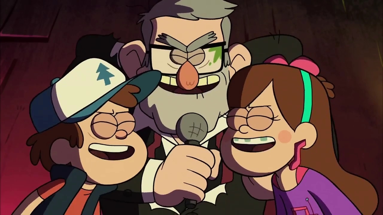 (L bis R) Dipper, Stan und Mabel singen in einer Folge von Gravity Falls in ein Mikrofon
