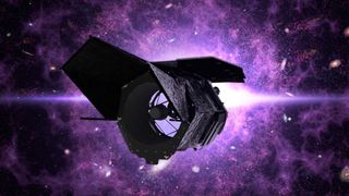 A tubular spacecraft against a bright purple background