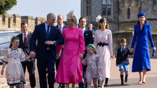Mike Tindall and Zara Tindall, accompanied by Mia, 9, and Lena, 4, arrive with the Prince and Princess of Wales and other members of the Royal Family to attend the Easter Sunday church service