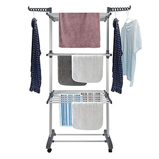 Bigzzia Clothes Drying Rack Folding Drying Rack Clothing 4 Tier Clothes Horses Rack Stainless Steel Laundry Drying Rack With Two Side Wings Grey