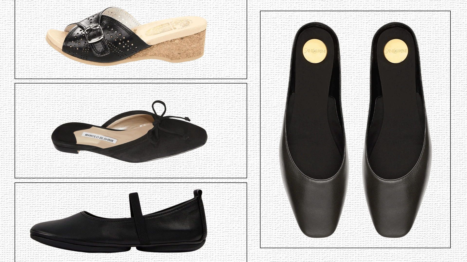 Camper, Repetto, Worishofer, Manolo Blahnik, Saint Laurent.