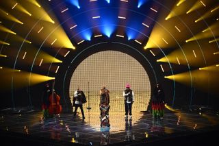 Members of the band "Kalush Orchestra" perform on behalf of Ukraine during the first semifinal of the Eurovision Song contest 2022