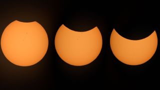 Series of images showing the sun during a partial solar eclipse. On the left, a tiny bite is taken out of the sun. In the middle, a larger one. To the right, an even larger one.