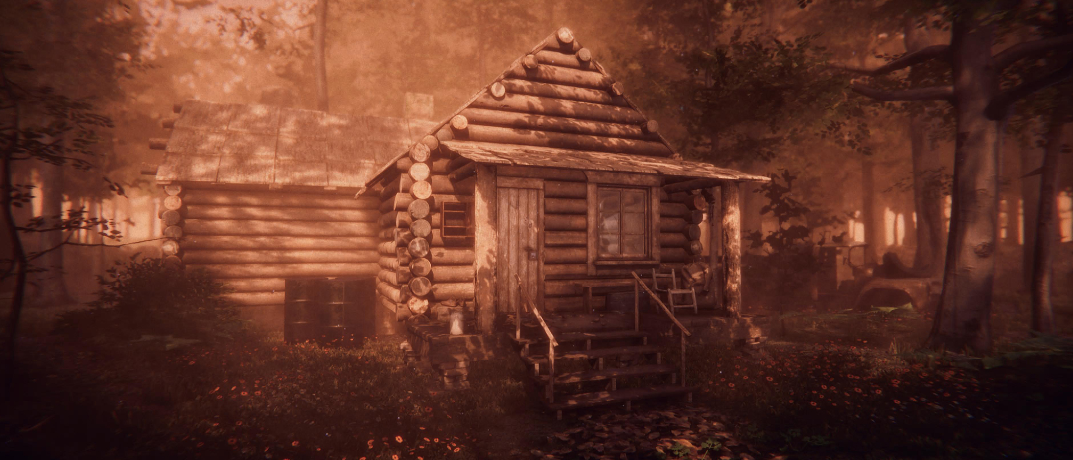 Screens of a horror video game set in a forest