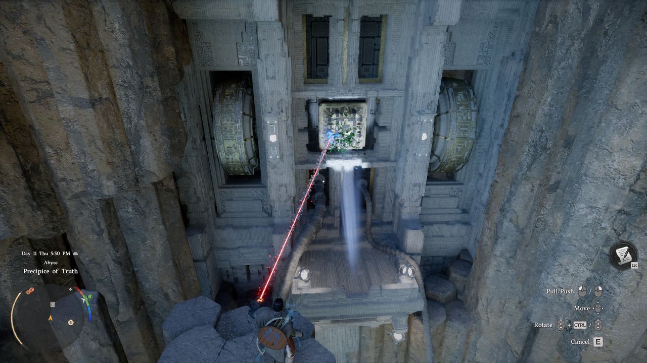 Crimson Desert Precipice of Truth: Kliff using Axiom Force to slot a power core into a socket.