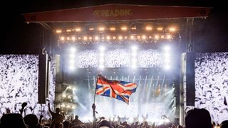 General view of a british flag waving at Main Stage East during Reading Festival 2021 at Richfield Avenue