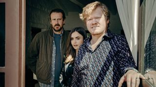 Jason Segel as Nobody, Lily Collins as Wife and Jesse Plemons as CEO in Windfall on Netflix