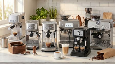 a composite image of the casabrews 3700 essential, breville bambino, breville bambino plus, breville oracle dual boiler, delonghi stilosa, delonghi la specialista arte evo