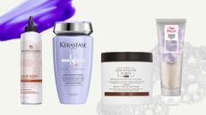 A collage of hair toner products from Pureology, Kerastase, Christophe Robin, Wella Professionals, arranged in a line on a cream background, with blue shampoo and shampoo bubbles stock image