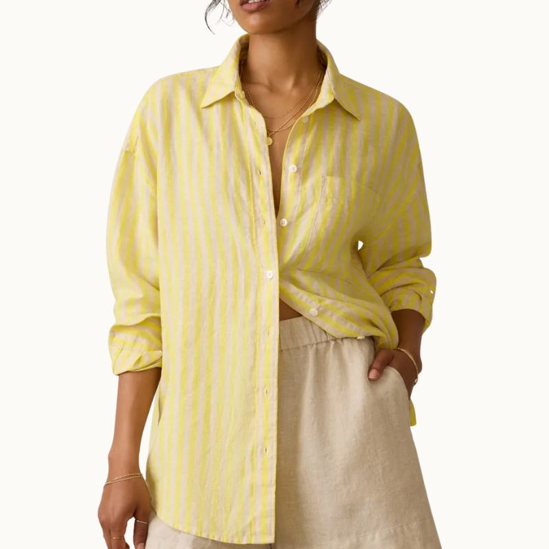 Laguna Stripe Linen Button-Up Shirt on model