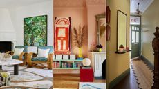 white living room with green and red accents, pink living room, yellow and green entryway