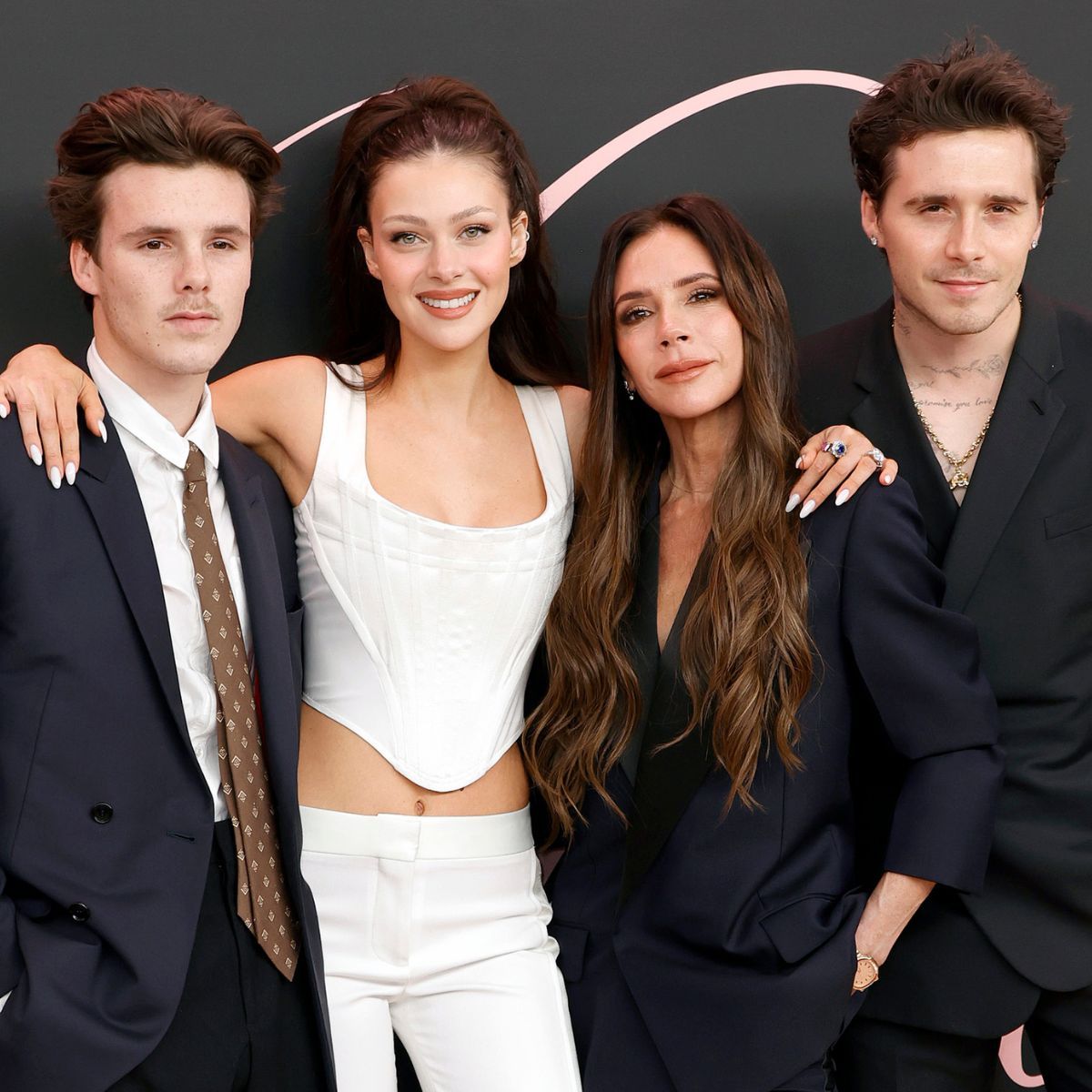 Cruz Beckham, Victoria Beckham and Nicola and Brooklyn Peltz-Beckham attend the premiere of 'Lola'