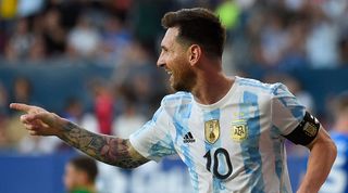 Lionel Messi celebrates one of his five goals for Argentina against Estonia.