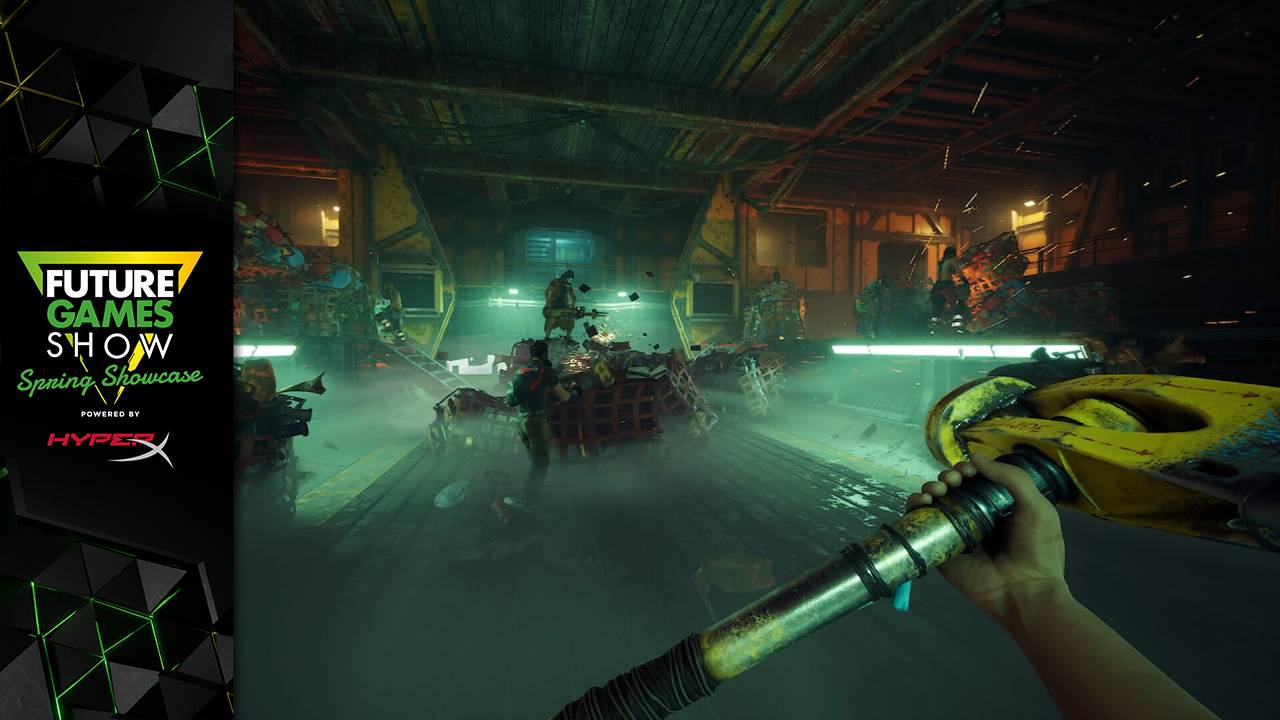 Enginefall game player with axe and Future Games Show spring showcase logo