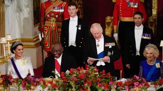 Catherine, Princess of Wales, President Cyril Ramaphosa of South Africa, King Charles III and Camilla, Queen Consort during the State Banquet at Buckingham Palace during the State Visit to the UK by President Cyril Ramaphosa of South Africa on November 22, 2022 in London, England.