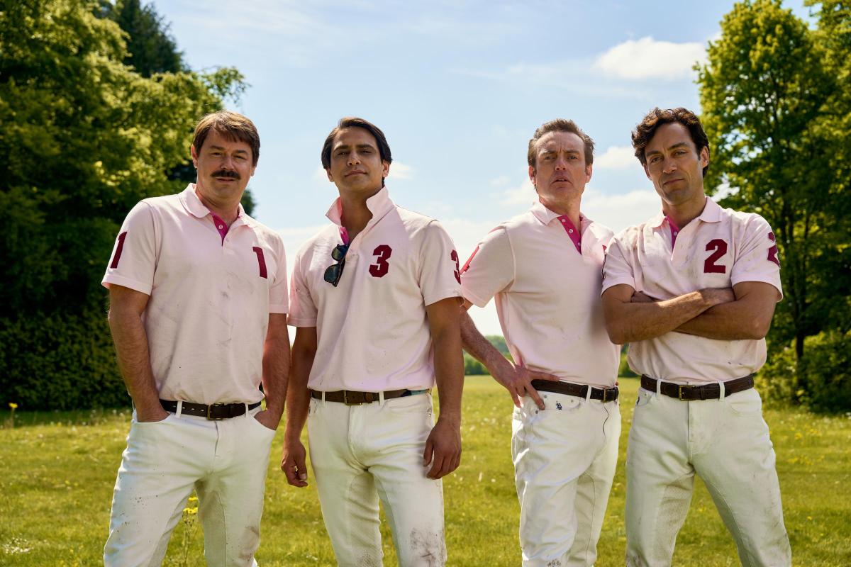 Danny Dyer as Freddie Jones, Luca Pasqualino as Bas Baddingham, Brendan Patricks as Henry Hampshire and Alex Hassell as Rupert Campbell-Black in Rivals on the polo field.