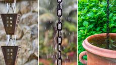 composite image of three rain chains in a garden to answer what is a rain chain