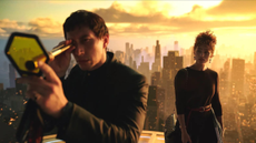 Adam Driver and Nathalie Emmanuel against the New York skyline in Megalopolis