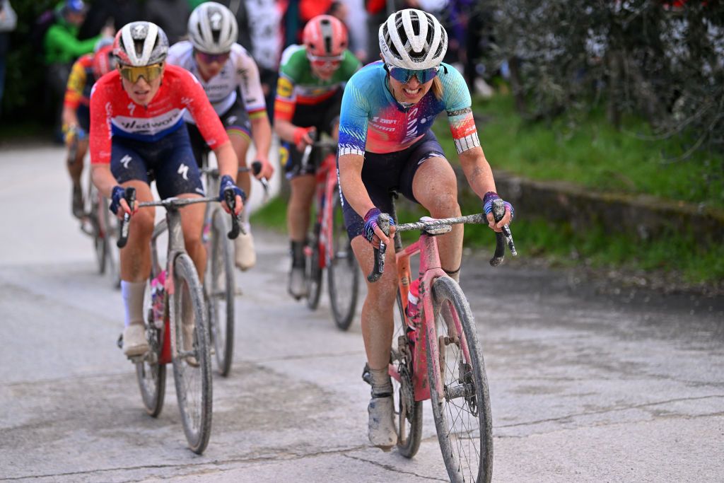 SIENA ITALY MARCH 02 LR Demi Vollering of The Netherlands and Team SD WorxProtime and Katarzyna Niewiadoma of Poland and Team CanyonSRAM Racing compete in the breakaway during the 10th Strade Bianche 2024 Womens Elite a 137km one day race from Siena to Siena 320m UCIWWT on March 02 2024 in Siena Italy Photo by Luc ClaessenGetty Images