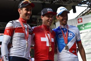 Pirmin Lang (IAM Cycling), Jonathan Fumeaux (IAM Cycling) and Steve Morabito (FDJ) make up the 2016 Swiss national road race podium