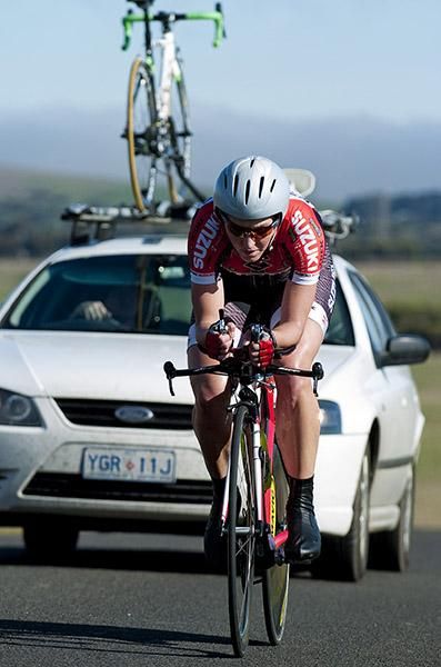 Rebecca Wiasak (Suzuki-NTID) rides towards a gold medal in the women's time trial.