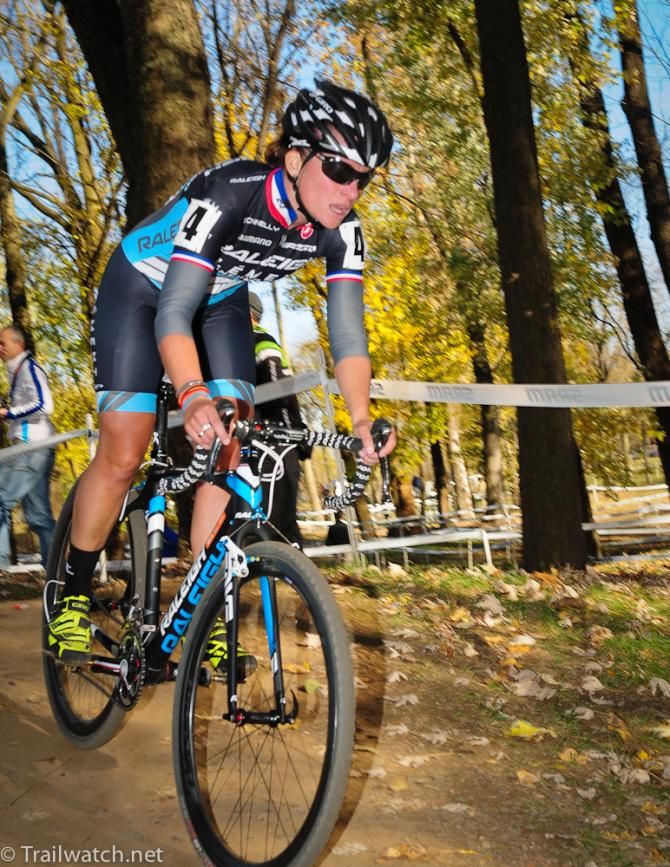 Caroline Mani (Raleigh Clement) riding in the woods during lap four
