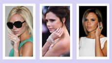 Victoria Beckham engagement rings: Victoria pictured wearing two diamond rings and one sapphire engagement ring in a purple, three-picture template