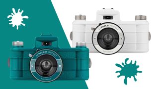 Teal and white Lomography Sprocket Rocket 35mm Panoramic Cameras, on teal and white backgrounds with teal and white paint splats 