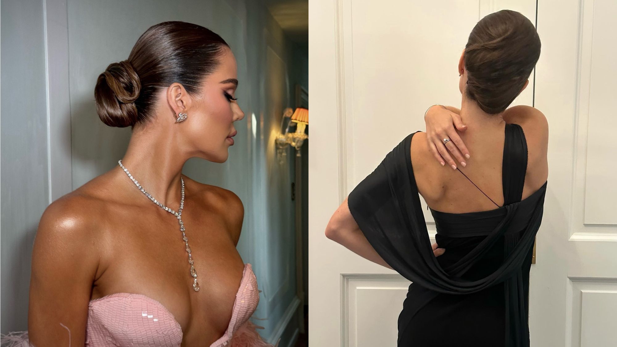 Khlo&amp;eacute; Kardashian and a woman wearing chic chignon updos.