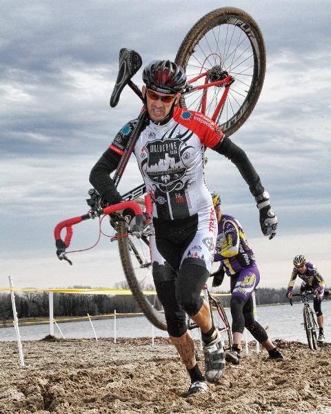Patrick Russell (Wolverine/American Cycle Fit.) being chased down by two Flying Rhino Cycling Club riders.
