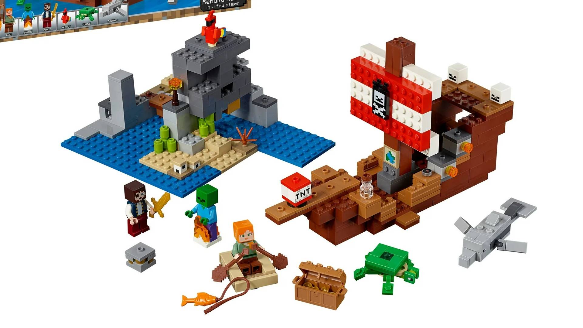 Lego Minecraft Pirate Ship set with white backdrop